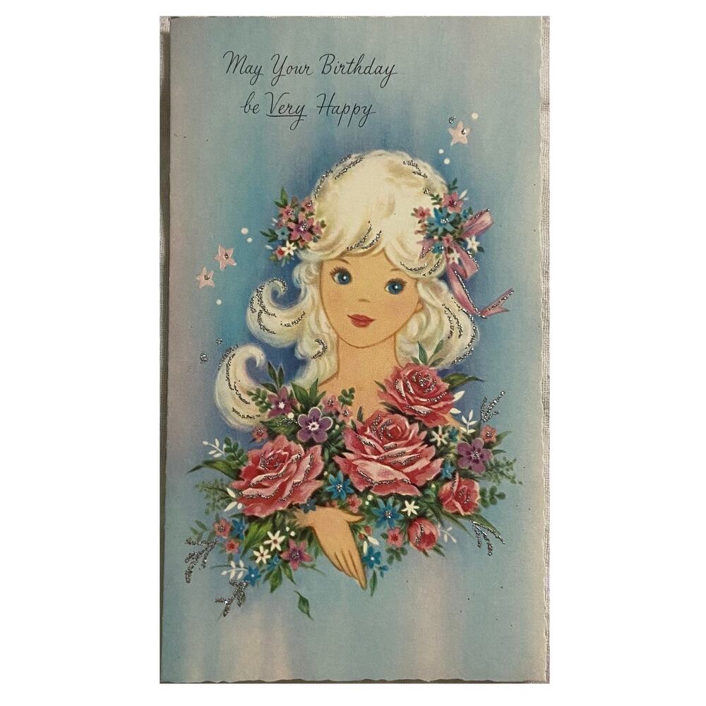 Vtg MCM Birthday Card Unused USA Union Made 1960s Retro Blonde Girl Floral
